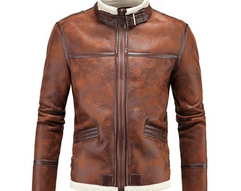 Mens Lambs Wool Jacket Casual Stand Collar Warm Thickening Biker Coat Genuine Leather Jackets