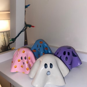 Tea Light Ghost Cover / Clay Decor/ Halloween / Home Decor / Ghost gift /pink ghost cute/ LED candle / spooky season decorations /fall decor