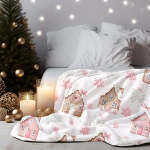 Pink Gingerbread House Velveteen Blanket: Cozy Christmas Holiday Decor