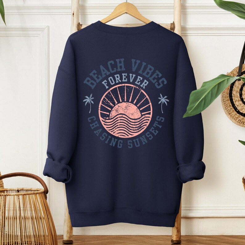 Retro Beach Vibes Crewneck: Chasing Sunsets Sweatshirt Navy