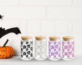 Cute Skull 16oz Halloween Tumbler | Spooky Cute Cup for Coffee Lovers | Glassware Gift for Halloween | Halloween Glass Can with Skull Design
