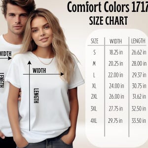 May include: White t-shirts with a size chart. The chart shows measurements for width and length in inches for sizes S through 4XL. The text "Comfort Colors 1717" and "SIZE CHART" are at the top.
