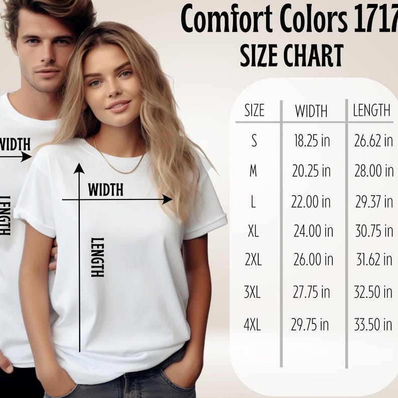 May include: White t-shirts with a size chart. The chart shows measurements for width and length in inches for sizes S through 4XL. The text "Comfort Colors 1717" and "SIZE CHART" are at the top.
