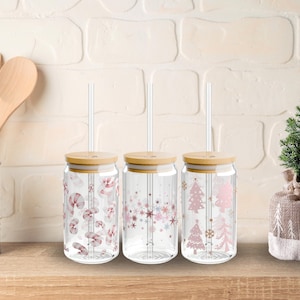 Pink Christmas Glass Coffee Cup: 16oz Libbey Can with Bamboo Lid & Straw