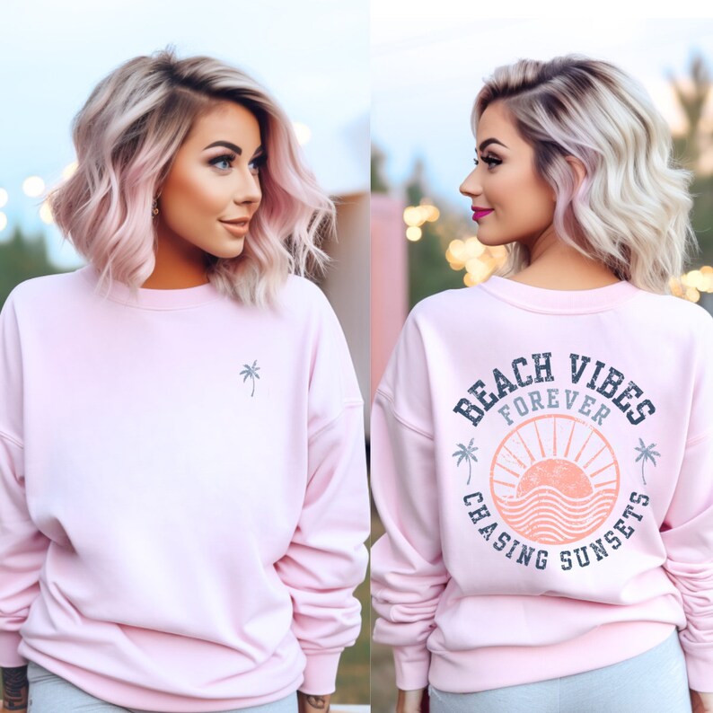 Retro Beach Vibes Crewneck: Chasing Sunsets Sweatshirt Light Pink