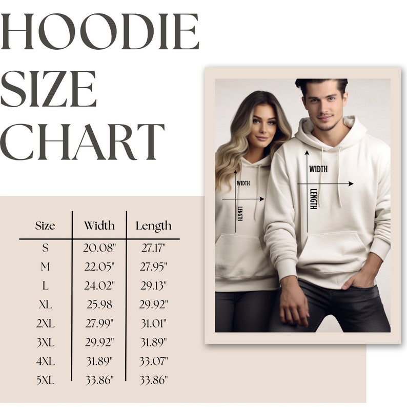 Op de afbeelding: Hoodie maattabel met metingen in inches voor maten S tot en met 5XL. De tabel toont de breedte en lengte van elke maat.