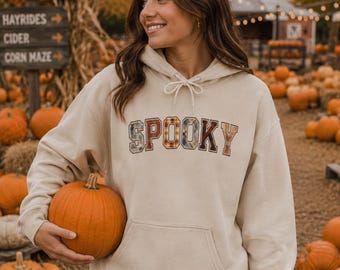 Spooky Hoodie | Cozy Patchwork Halloween Hoodie for Fall | Neutral Ghost Season Sweatshirt | Trick or Treat