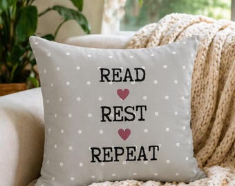 Read Rest Repeat Faux Suede Pillow |  Book Lover Throw Pillow | Reading Nook Decor | Cozy Bookish Gift for Her