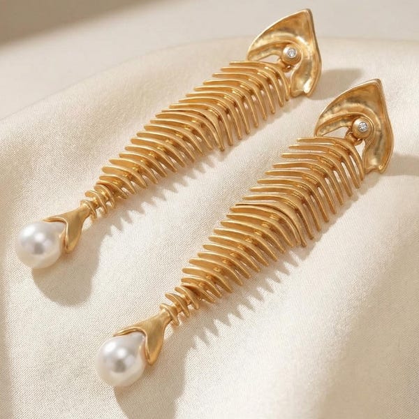 18K Gold Fish Skeleton Drop Earrings | Surrealist Festival Jewelry | Unique Statement Earrings | Gift for Her