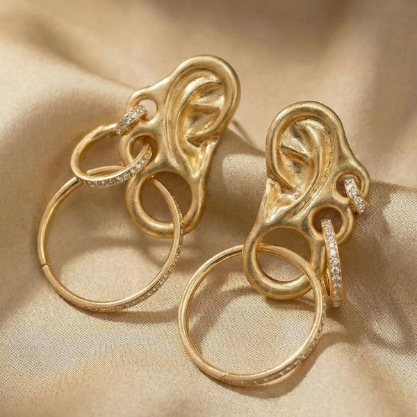 Surrealist bijoux anatomy earrings, vintage 18k gold chandelier earrings, luxury festival earrings