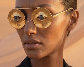Surrealist 18k Gold Visage Eyewear | Evil Eye Festival Glasses | Fashion Event Jewelry | Costume Masquerade Accessory