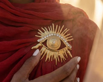 Large 18K Gold Sunburst Evil Eye Brooch | Designer Statement Brooch with Crystals | Lapel Pin | Luxury Jewelry Gift