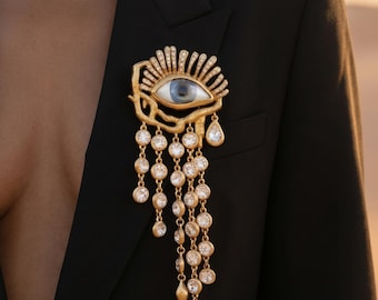 18k Gold Evil Eye Brooch with Crystal Teardrops | Statement Brooch for Blazer | Surrealist Pin | Luxury Fashion Jewelry Gift for Her