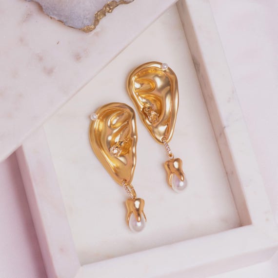 Surrealist vintage bijoux ear earrings, gold chandelier anatomy earrings, luxury designer earrings, drop fashion earrings
