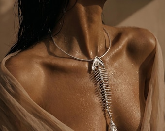Fish Skeleton Large Choker | Silver Fishbone Pendant | Crystal Statement Necklace | Festival Jewelry | Sculptural Necklace