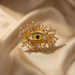 Vintage 18K Gold Evil Eye Brooch | Surrealist Pin | Festival Jewelry | Unique Brooch | Avant-Garde Gift for Her Ring (one size)