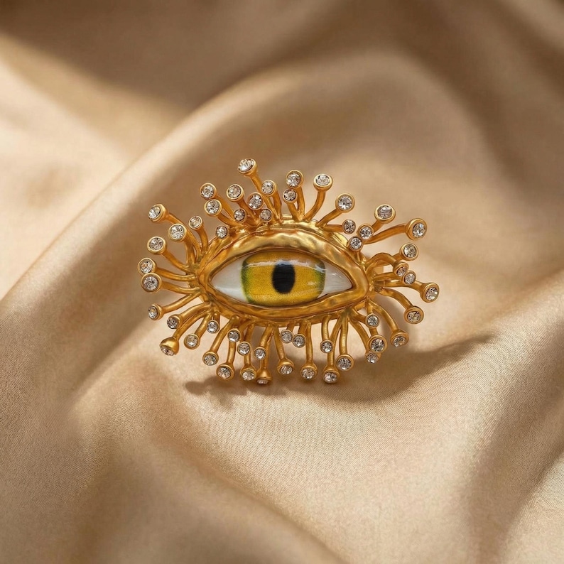 Vintage 18K Gold Evil Eye Brooch | Surrealist Pin | Festival Jewelry | Unique Brooch | Avant-Garde Gift for Her Ring (one size)