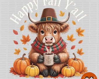 Highland Cow Fall Clipart: Thanksgiving Pumpkins PNG (Digital Download)