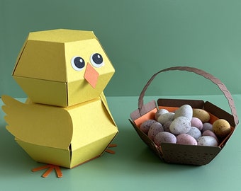 Pop-up chick and basket, SVG files, Easter card/decoration, Folds flat, Easter envelope file included, for Cricut, Full PDF instructions