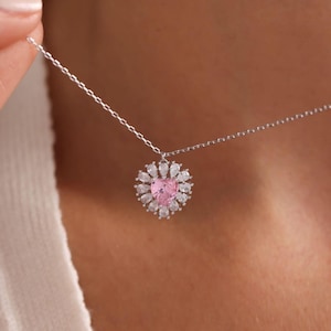Pink Heart Necklace with Baguette Stones, 925 Sterling Silver, Pink Crystal Heart Jewelry, Minimalist Gift for Her, Unique Bridal Necklace