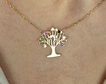 Collar de plata de ley con el árbol de la vida: colgante con piedra de nacimiento familiar