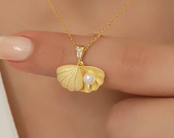 Sterling zilveren ketting met oesterparel: nautische schelphanger, schelpbedeltje