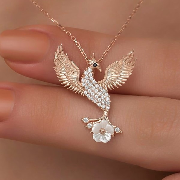 Phoenix Necklace, 925 Sterling Silver Necklace, Rose Gold Plate, Phoenix Bird Pendant, Firebird Jewelery, Gift for Her