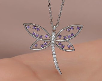 Purple Dragonfly Necklace, 925 Sterling Silver, Dainty Dragonfly Necklace, Purple Stone Winged Dragonfly, Dragonfly Charm, Gift for Her