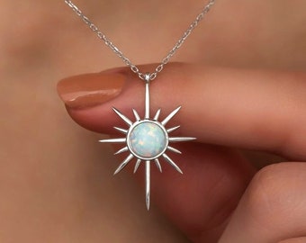 White Opal North Star Necklace, 925 Sterling Silver, Polar Star With Elegant White Opal Necklace, Dainty Celestial Necklace, Gift for Her