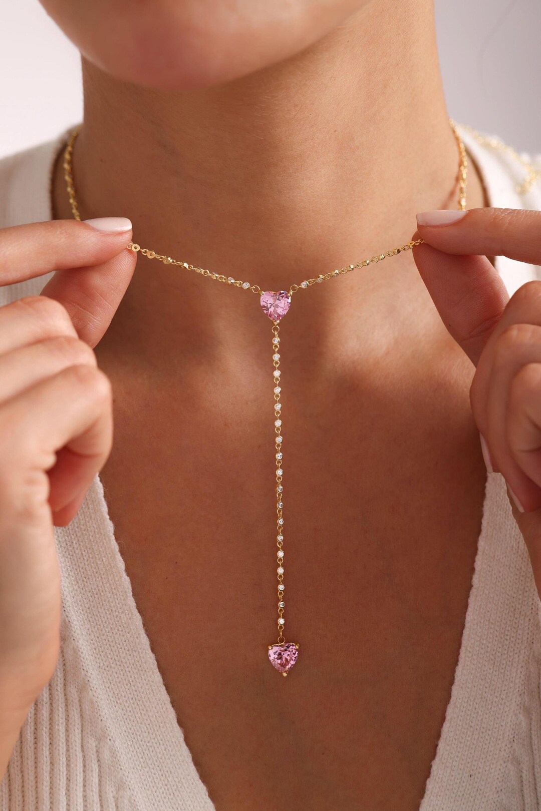 Flongo Herz Lariat Halskette - Edle Y-Kette Mit Verstellbarer Länge