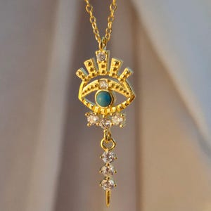 Gold Evil Eye Necklace, 925 Sterling Silver, Turquoise Mystic Eye Pendant, Dainty Protection Jewelry, Boho Goddess Amulet