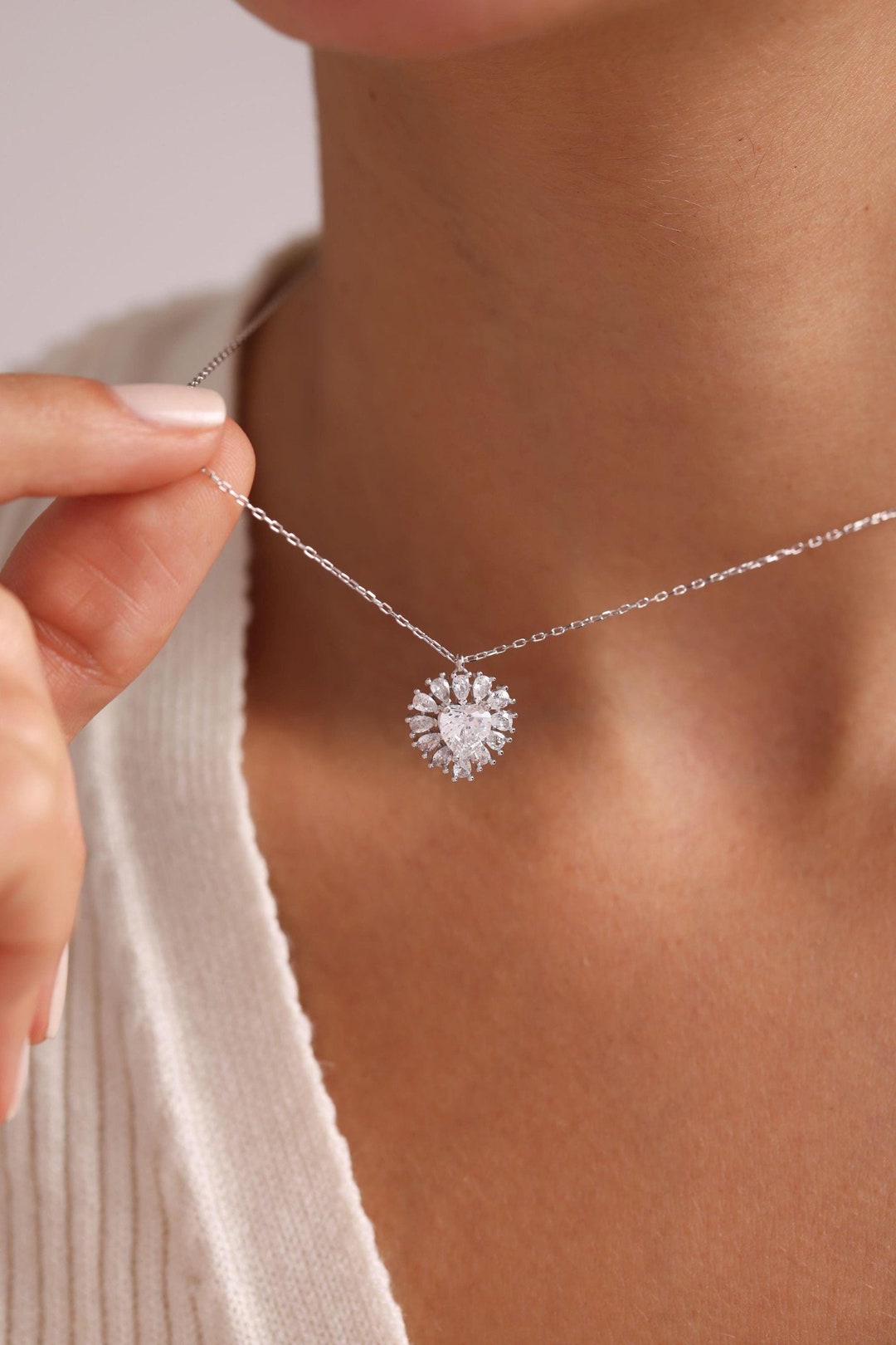 White Heart Necklace With Baguette Stones, 925 Sterling Silver