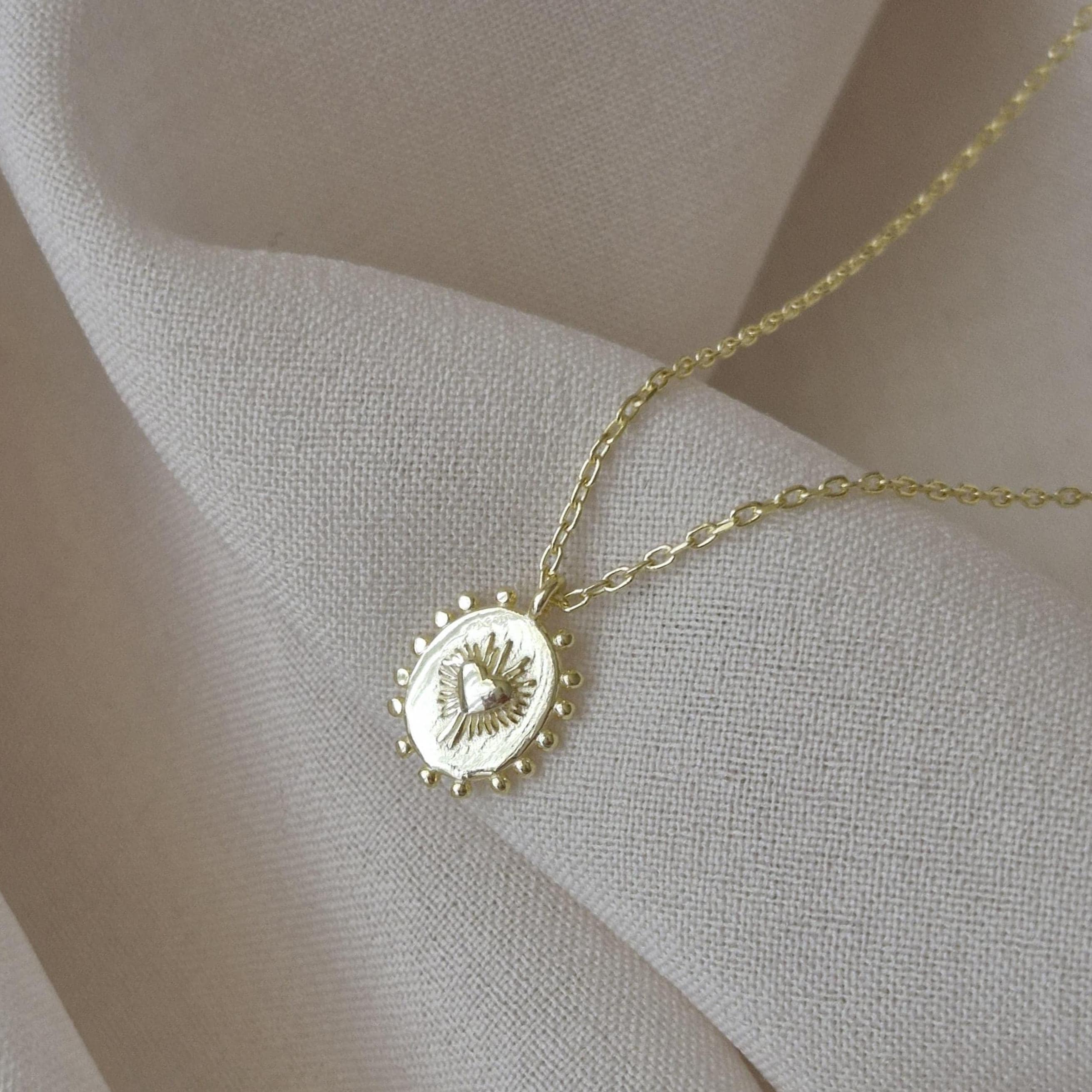 Minimalist Sacred Heart Pendant Gold Silver Oval Sunburst Medallion Necklace Edgy Coquette Witchy Jewelry