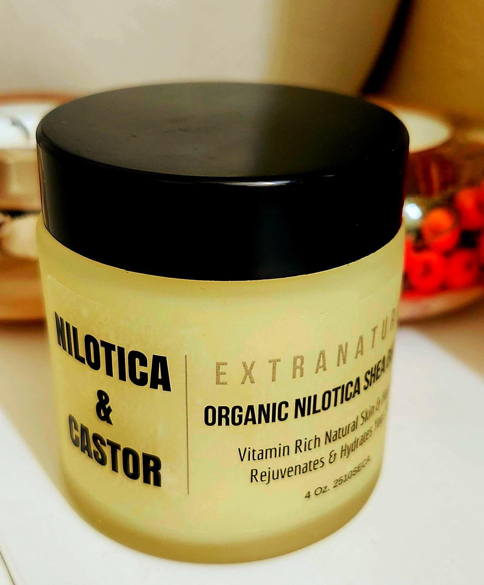Nilotica Shea Butter with Castor Oil, Raw Organic Unscented Whipped Body Butter & Hair Mask for Dry Skin, 4oz Glass Jar, Fair Trade Uganda