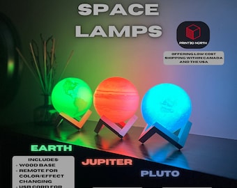 Space Lamps, Planet and Moon Lamp,  Space Inspired Decor, Multicolor Light, Kid's Room Planet Light, Space Night Light with Wood Base