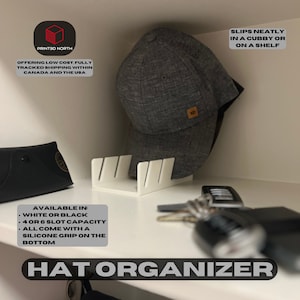 May include: White or black hat organiser with 4 or 6 slots. The organiser has a silicone grip on the bottom and is designed to fit neatly in a cubby or on a shelf.  "SLIPS NEATLY IN A CUBBY OR ON A SHELF" and "HAT ORGANISER" are printed on the image.