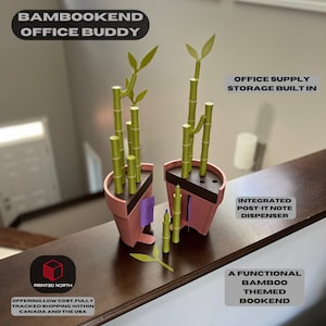 May include: A 3D printed bamboo-themed bookend with a built-in office supply storage compartment and a post-it note dispenser. The bookend is a functional desk organizer with a green and brown color scheme.