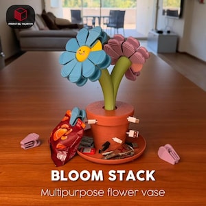 May include: A terracotta-colored flower pot organizer featuring two flower-shaped clips in blue and pink with green stems. The pot includes slots for USB cables, keys, and small items, with additional clips and a snack bag resting nearby.