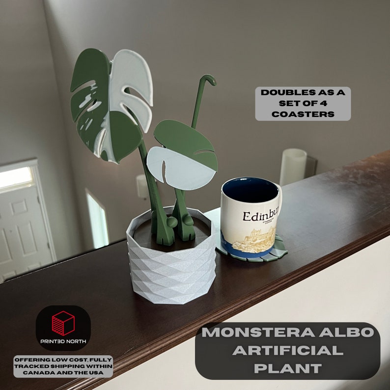 Monstera Albo Plant, Artificial Plant, Plant Coaster, Potted Fake Monstera, Home Decor, Mothers Day Gift image 1