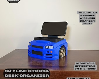 Nissan Skyline GT-R R34 Inspired Desk Organizer with Wireless Phone Charger, Nissan Skyline MagSafe Vehicle Office Decor