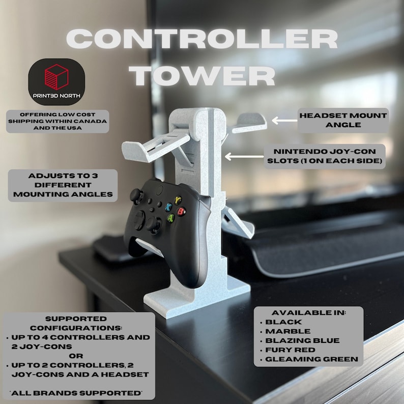May include: A white 3D printed controller tower stand with adjustable angles. It can hold up to 4 controllers and 2 Joy-Cons or 2 controllers, 2 Joy-Cons and a headset. It has slots for Nintendo Joy-Cons and a headset mount. Available in black, marble, blazing blue, fury red, and gleaming green.