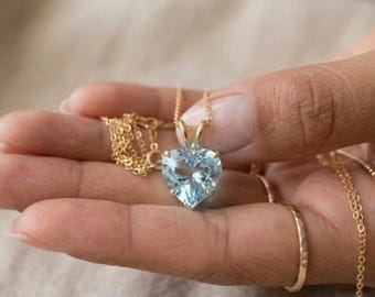 Aquamarine Heart Pendant Necklace, Lab Grown Aquamarine 12x12mm Heart Cut Sterling Silver Pendant, March Birthstone Gift