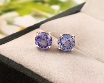 Brincos de Safira Azul Royal: Brincos de Prata Ceilão AAA (7 x 7 mm)