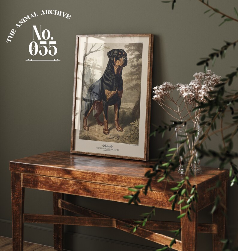 Elegant framed pet portrait depicts one of a series of collectibles. Displayed on a rustic wooden table against a muted green wall. The vintage-inspired print, labeled 'The Animal Archives No. 055,' adds a classic touch to the cozy, natural setting.