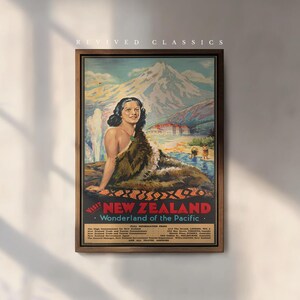 Poster di viaggio in Nuova Zelanda, arte panoramica del Pacifico, classico decoro Kiwi, ideale per gli amanti della natura e dell'avventura. Art Déco vintage, senza cornice.