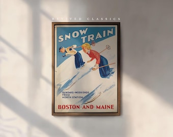 Vintage Snow Train Ski Poster, reprint.