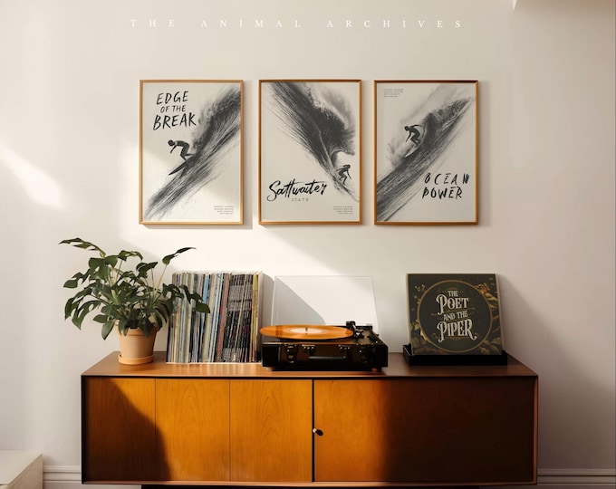 Vintage Style Surf Poster Set – Mid Century Modern Coastal Artwork