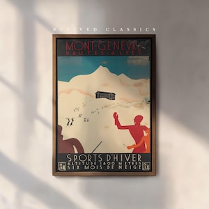 Art Deco Montgenèvre Ski Poster. Vintage 1930s Winter Sports Home Decor of the French Alps, a perfect gift for Skiers and Snowboarders alike