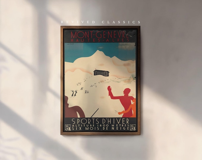 Vintage 1930s Montgenèvre Ski Poster, reprint.