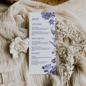 Menu floral personnalisable bleu roi, menu de mariage, garden-party, cartes de menu, menu nuptiale de douche, dîner brunch de mariage imprimable TPW31